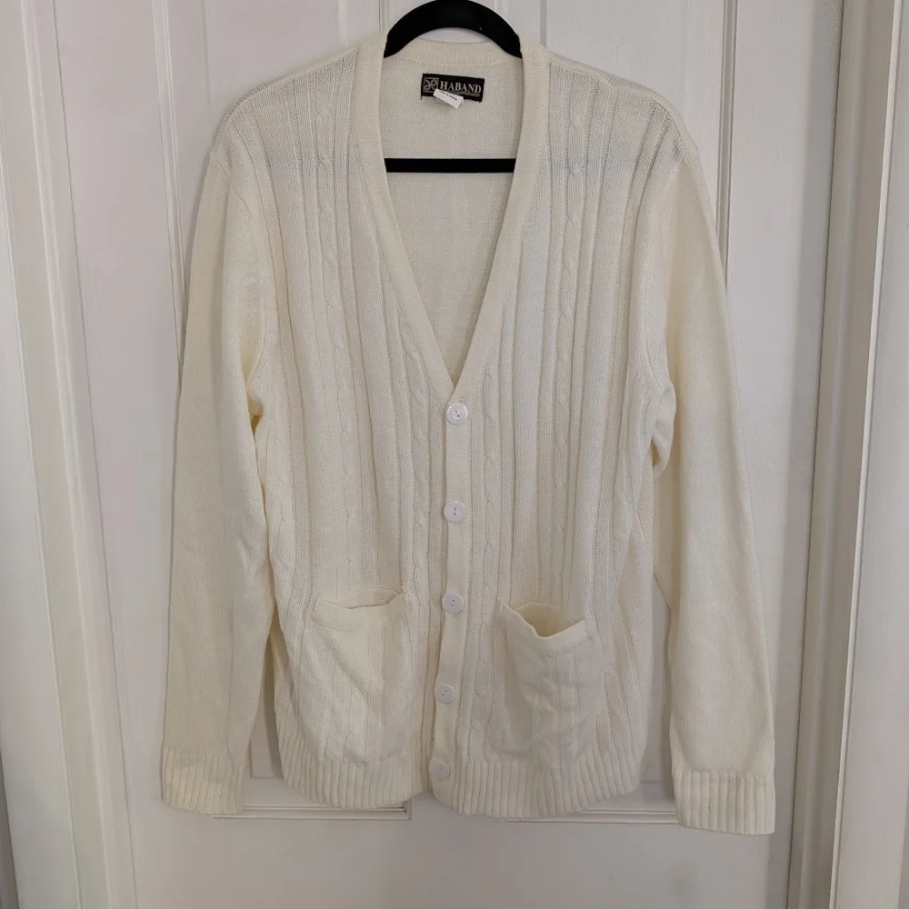 VTG Haband Mens Cardigan Sweater MEDIUM Cable Knit Grandpa Preppy Comfort‎ Ivory